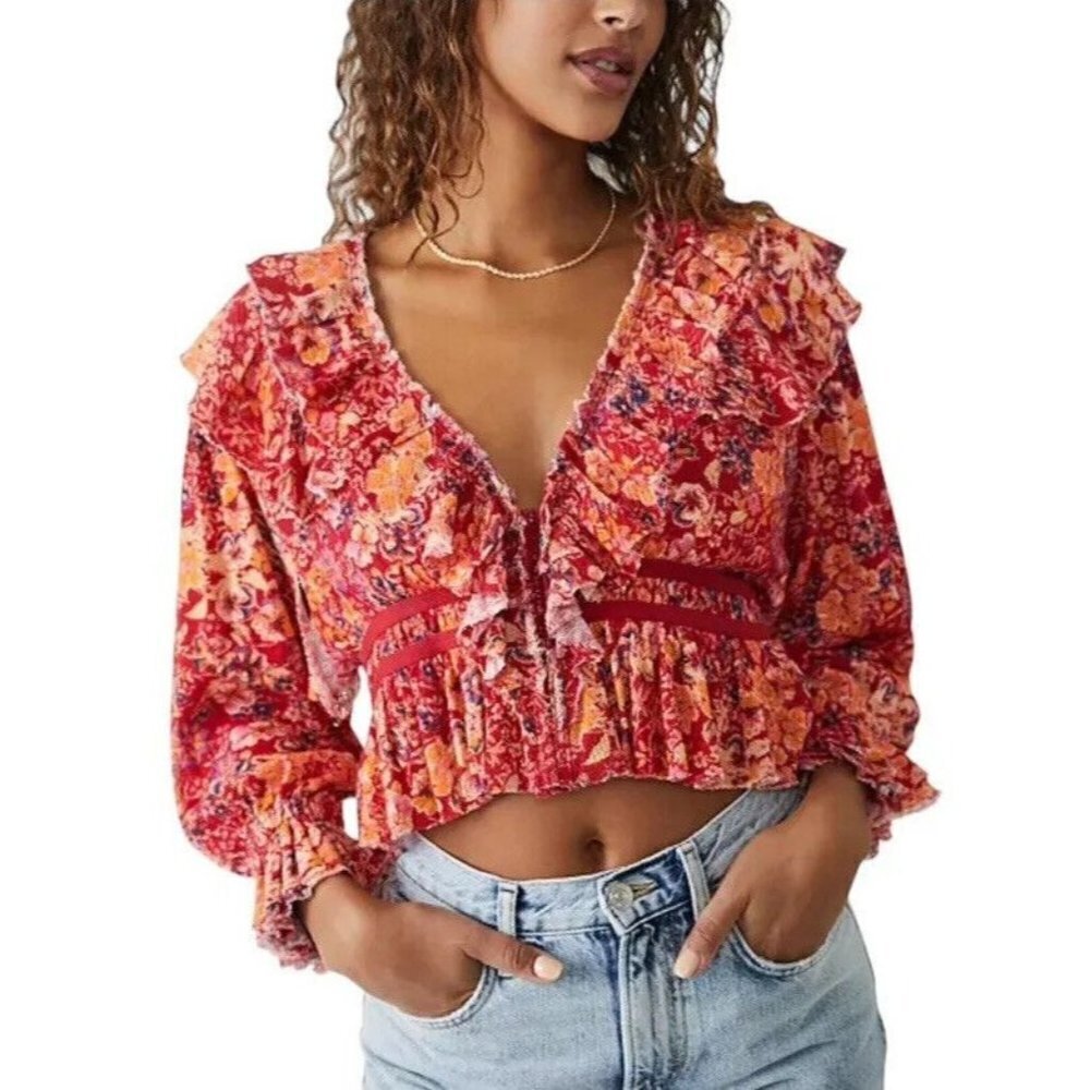 Free People Rudi Printed Ruffle Crop Blouse Sz Small NWT $98‎ Cherry Red